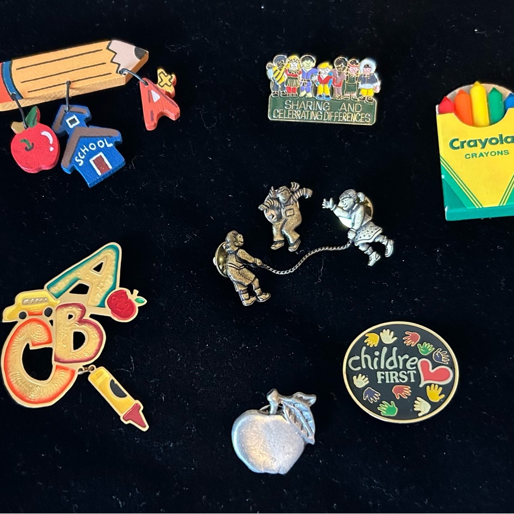 Vintage enamel and wooden Teacher Pins 1980’s